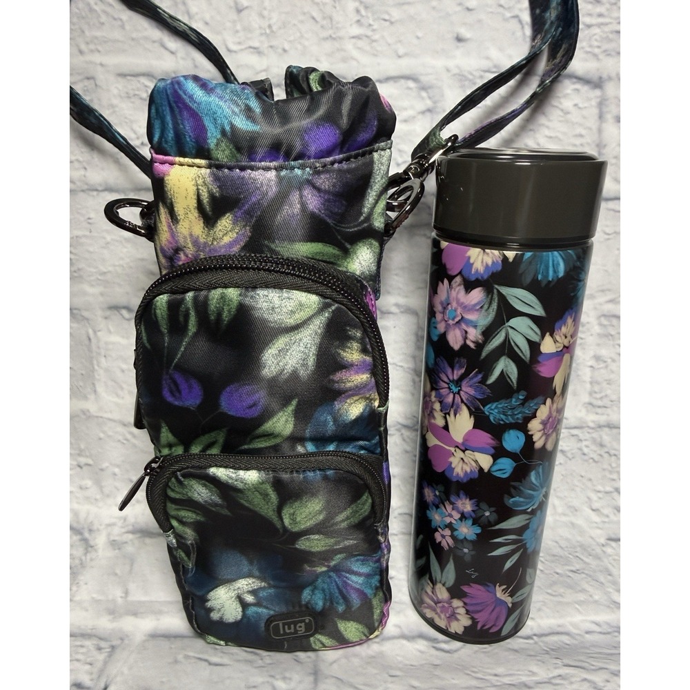 LUG Huggie Chuggie Set Insulated Travel Water Bottle Carrier Bag Floral Black